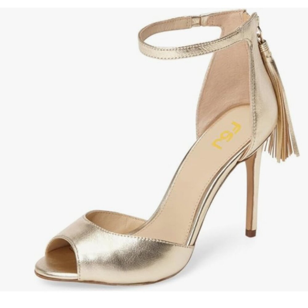 FSJ Gold Peep Toe Ankle Strap Heels Sandals Stiletto Fringed Party D'Orsay Shoes